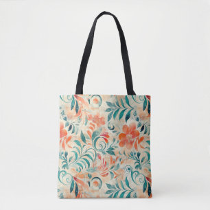 Rustic Blue Leaves and Red-Orange Floral Pattern Tote Bag