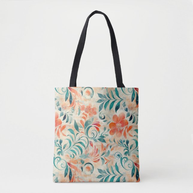 Rustic Blue Leaves and Red-Orange Floral Pattern Tote Bag (Front)