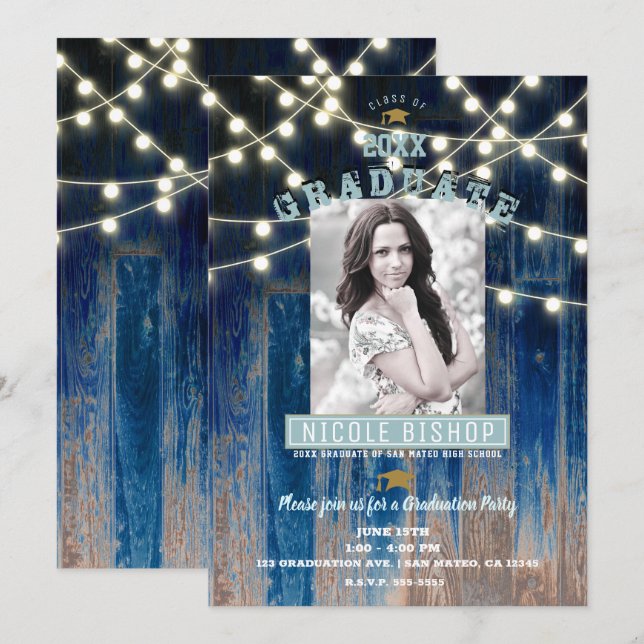 Rustic Blue Lights Modern Photo Graduation Party   Invitation (Front/Back)