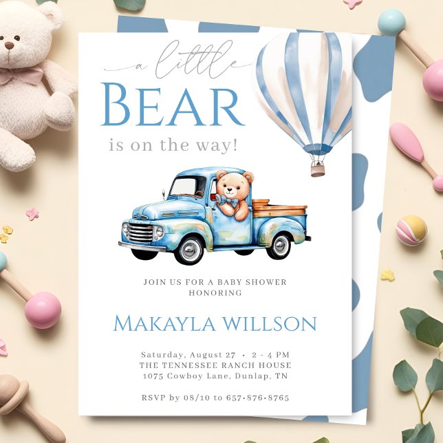 Rustic Blue Little Teddy Bear Truck Baby Shower Invitation (Creator Uploaded)