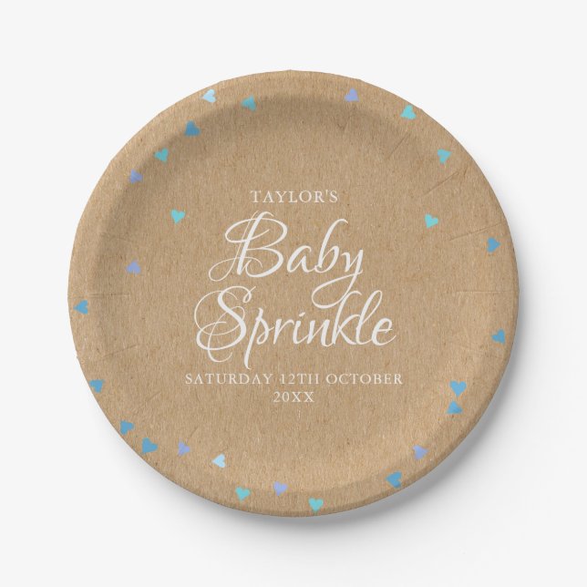 Rustic Blue Love Hearts Baby Boy Sprinkle/Shower Paper Plate (Front)