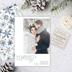 Rustic Blue Married & Merry Newlywed Photo Holiday Card