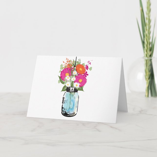 Rustic Blue Mason Jar and Gerber Daisies Blank Tha Thank You Card (Front)