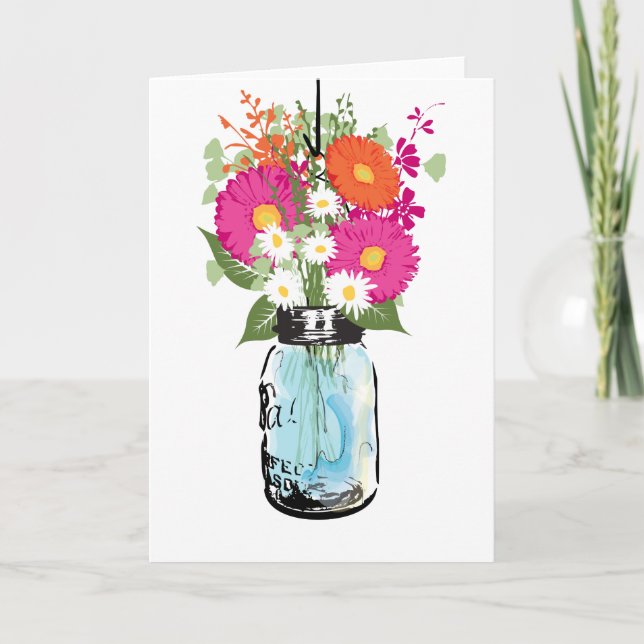 Rustic Blue Mason Jar and Gerber Daisies Blank Thank You Card (Front)