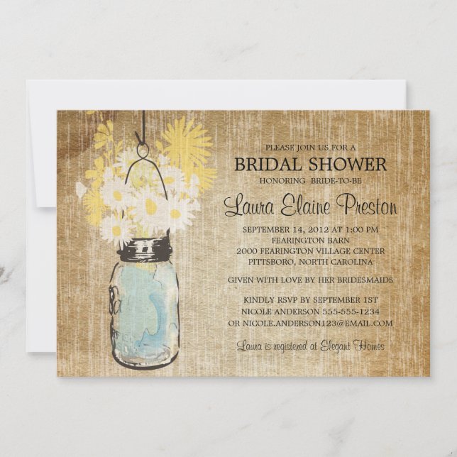 Rustic Blue Mason Jar and Wildflower Daisies Invitation (Front)