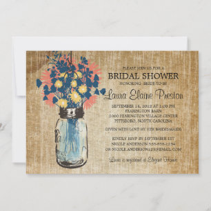 Rustic Blue Mason Jar and Wildflower Daisies Invitation
