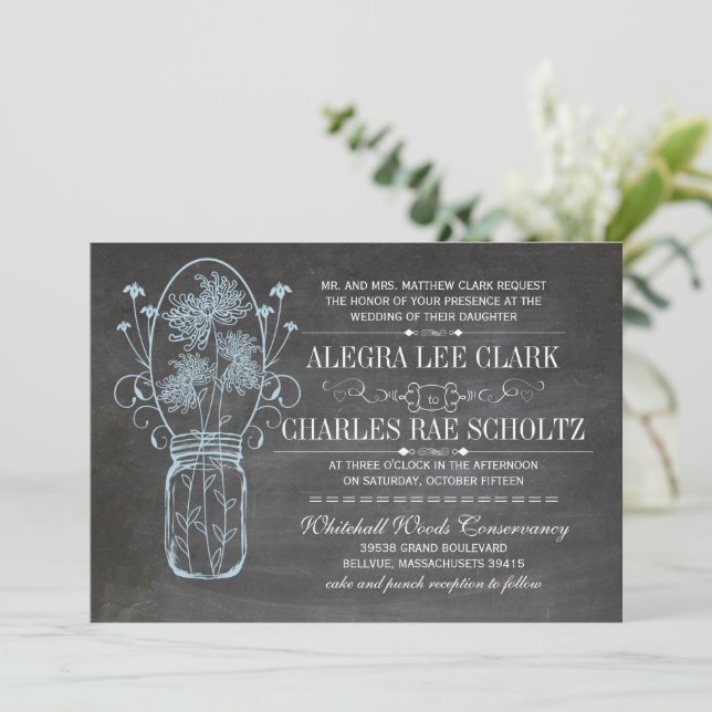 Rustic Blue Mason Jar Chalkboard Wedding Invitation (Standing Front)
