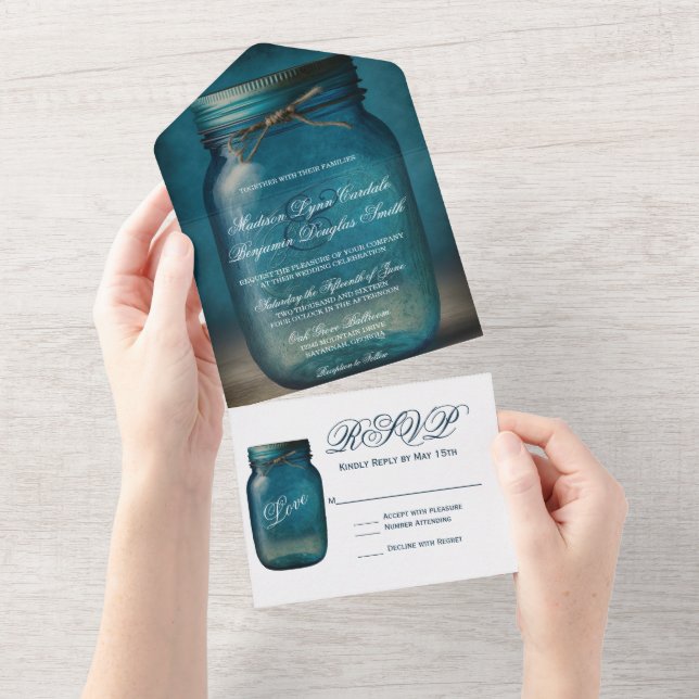 Rustic Blue Mason Jar Country Wedding All In One Invitation (Tearaway)
