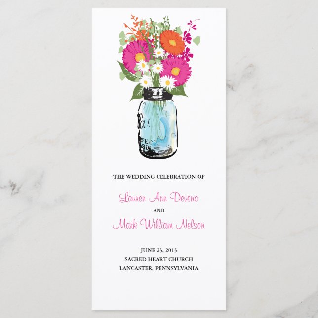 Rustic Blue Mason Jar Gerber Daisies Program Programme (Front)
