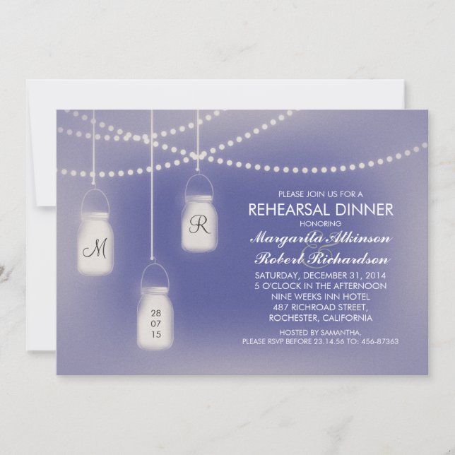 rustic blue mason jar lights rehearsal dinner invitation (Front)