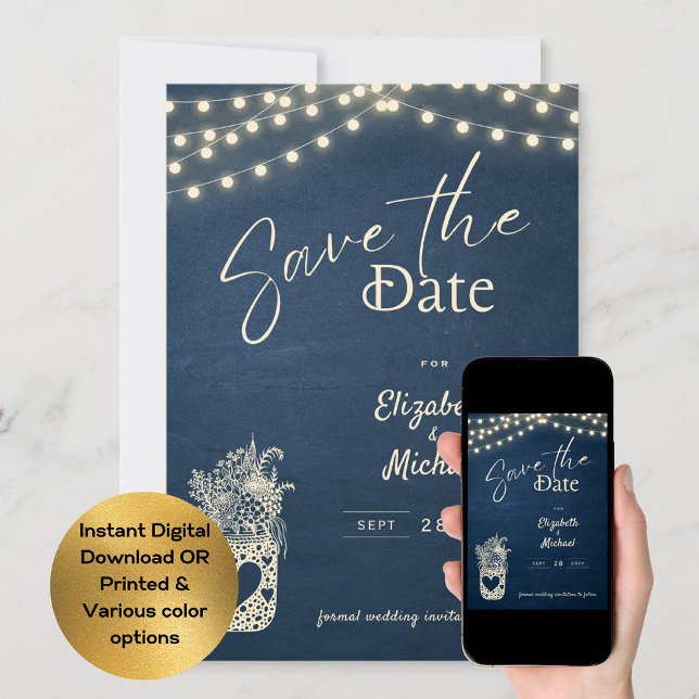 Rustic Blue Mason Jar Save the Date Digital Print Invitation (Creator Uploaded)