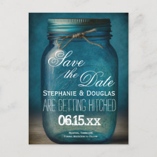 Rustic Blue Mason Jar Save the Date Wedding Announcement Postcard