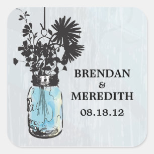 Rustic Blue Mason Jars with Wildflowers Square Sticker