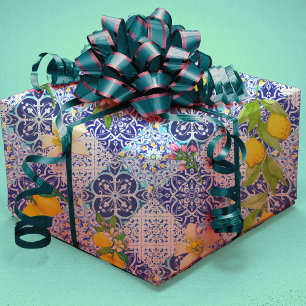 Rustic Blue Mediterranean Citrus Ceramic Tiles Wrapping Paper