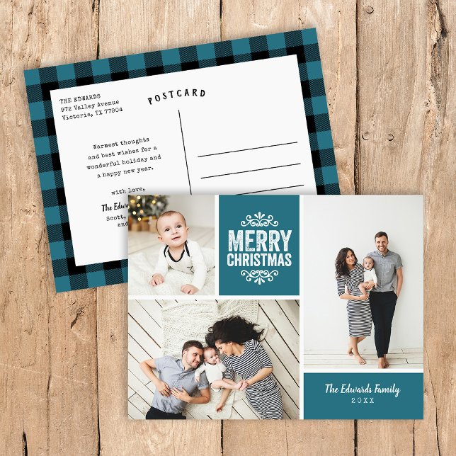 Rustic Blue Merry Christmas 3 Photo Collage Holiday Postcard (Creator Uploaded)