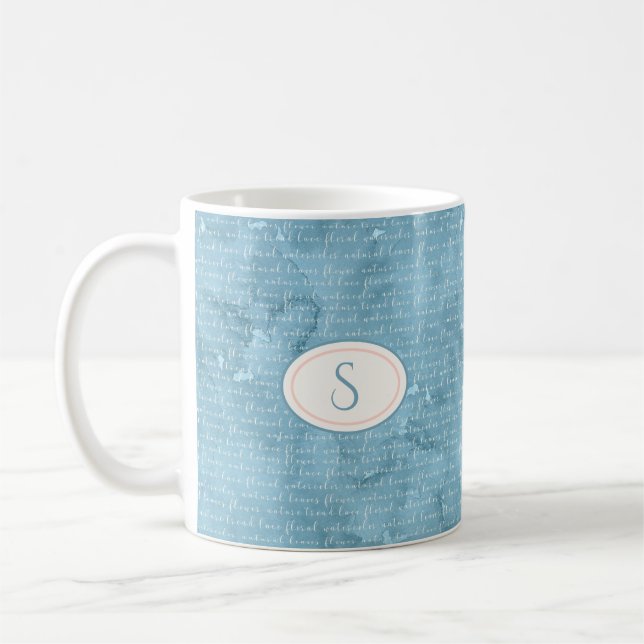 Rustic Blue Monogram Floral Typography Coffee Mug (Left)