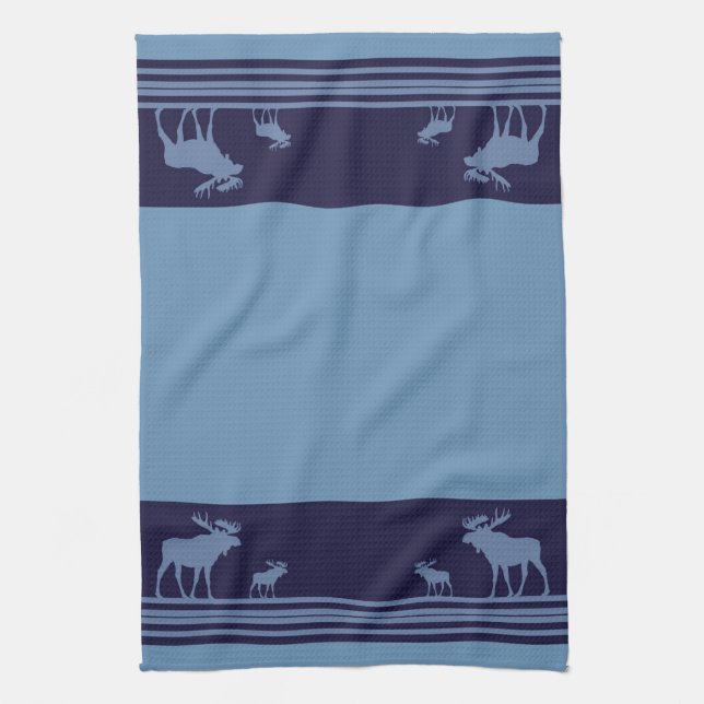 Rustic blue moose pattern kitchen towel (Vertical)