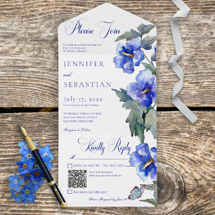 Rustic Blue Morning Glory Floral QR Code All In One Invitation