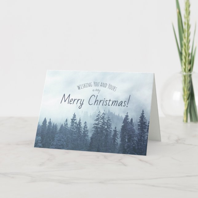Rustic Blue Mountain Pines Merry Christmas Photo Holiday Card (Front)