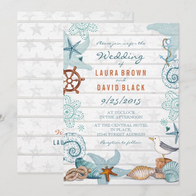 Rustic Blue Nautical Beach Sand Wedding Invitation (Front/Back)