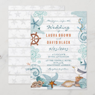 Rustic Blue Nautical Beach Sand Wedding Invitation