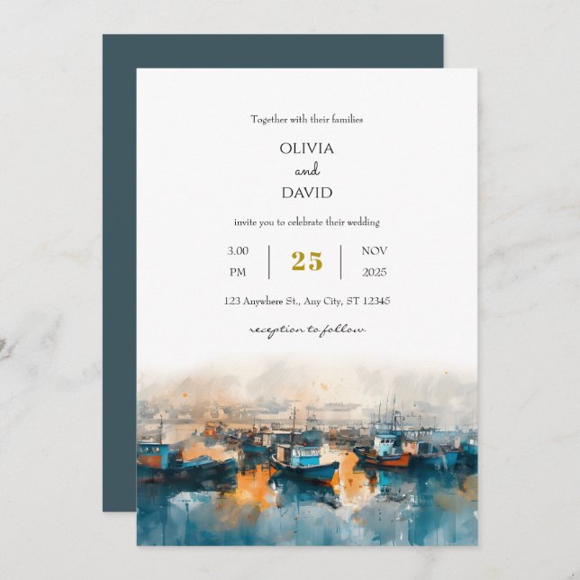 Rustic Blue Nautical Harbour Dawn Art Beach Weddin Invitation (Front/Back)
