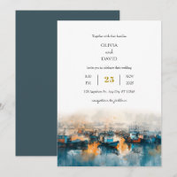 Rustic Blue Nautical Harbour Dawn Art Beach Weddin
