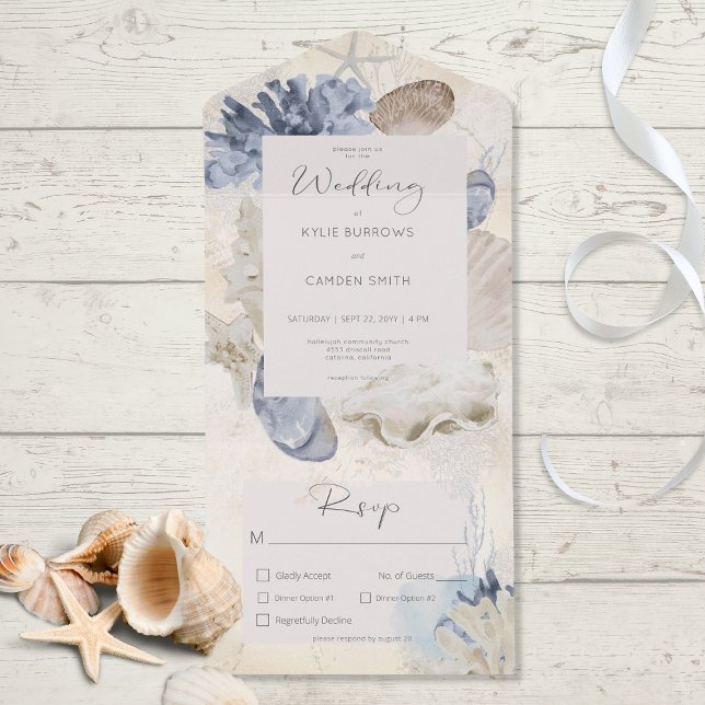 Rustic Blue Ocean Beach Cream Dinner All In One Invitation (Also available with a QR code or without dinner selection options.)