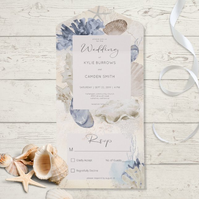 Rustic Blue Ocean Beach Cream No Dinner All In One Invitation (Also available with a QR code or with dinner selection options.)