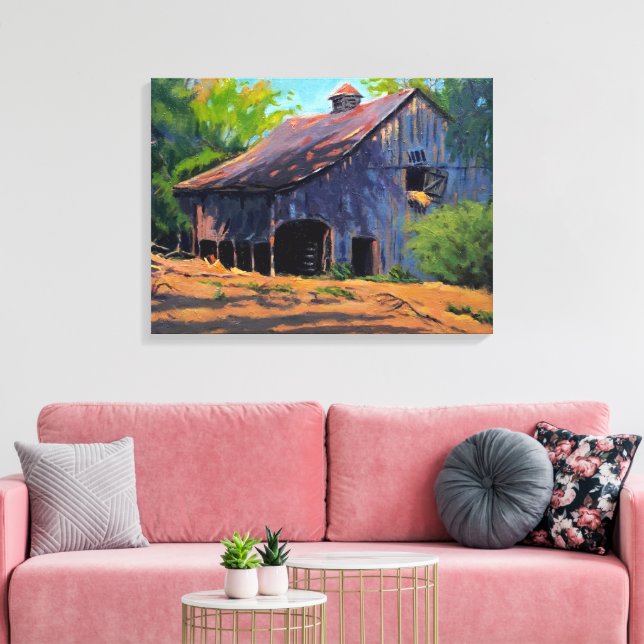 Rustic Blue Orange Green Missouri Barn Painting Canvas Print (Insitu(LivingRoom))