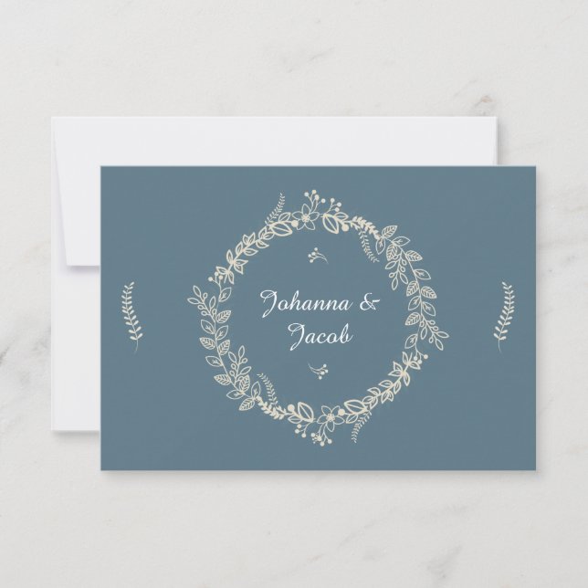 Rustic Blue Outlined Floral Wreath Wedding RSVP (Front)
