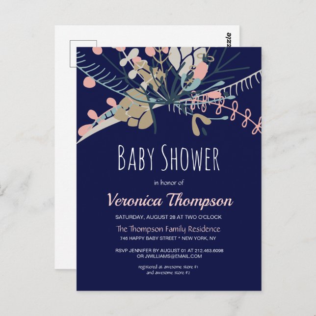 Rustic Blue & Pastel Botanical Baby Shower Invite Postcard (Front/Back)