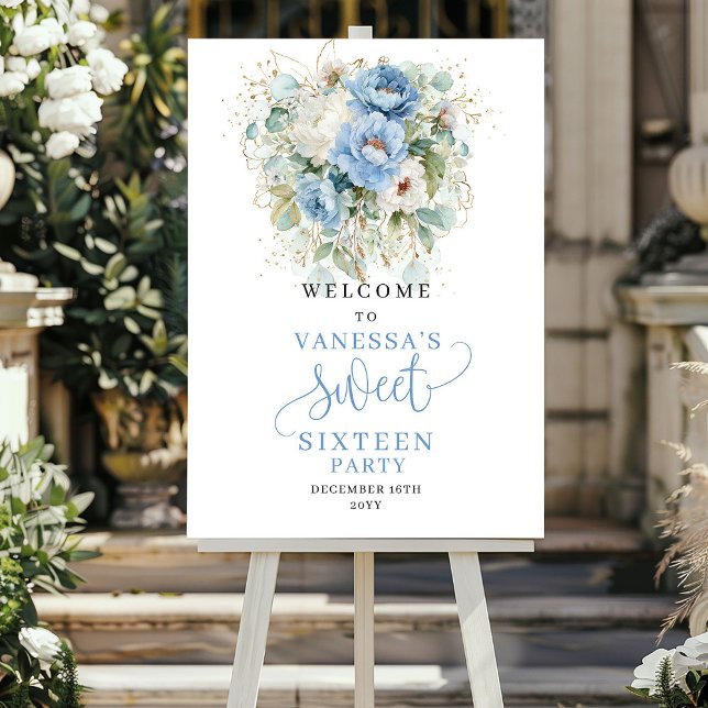 Rustic Blue Peonies 16th Birthday Welcome Sign (Rustic Blue Peonies 16th Birthday Welcome)