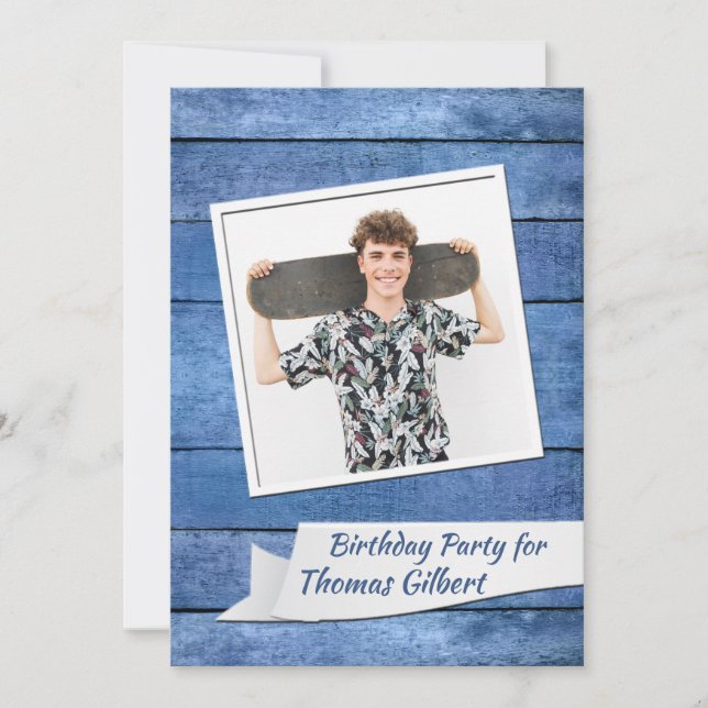 Rustic Blue Photo Birthday Party Invitation (Front)