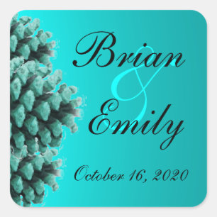 Rustic blue pine cone custom wedding stickers