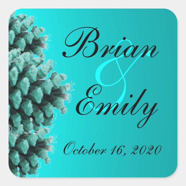 Rustic blue pine cone custom wedding stickers (Front)