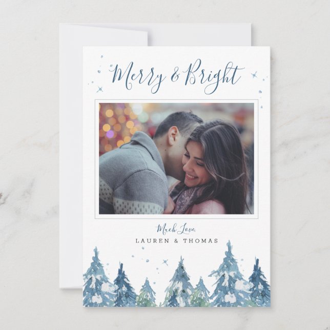 Rustic Blue Pine Forest Watercolor Holiday Photo Card (Front)