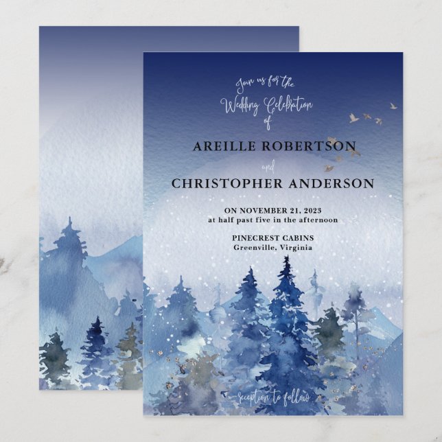 Rustic Blue Pine Misty Forest Wedding Invitation (Front/Back)