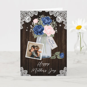 Rustic Blue Pink Floral Photo Happy Mother's Day Card