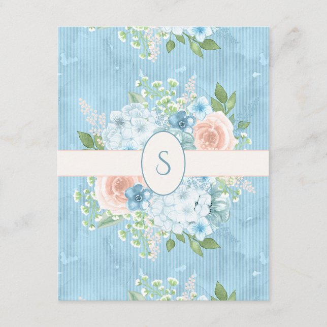 Rustic Blue Pink Floral Shabby Chic Monogram Thank You Card (Front)