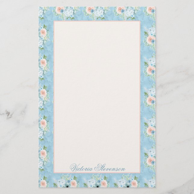 Rustic Blue Pink Floral Shabby Chic Personalised Stationery (Front)