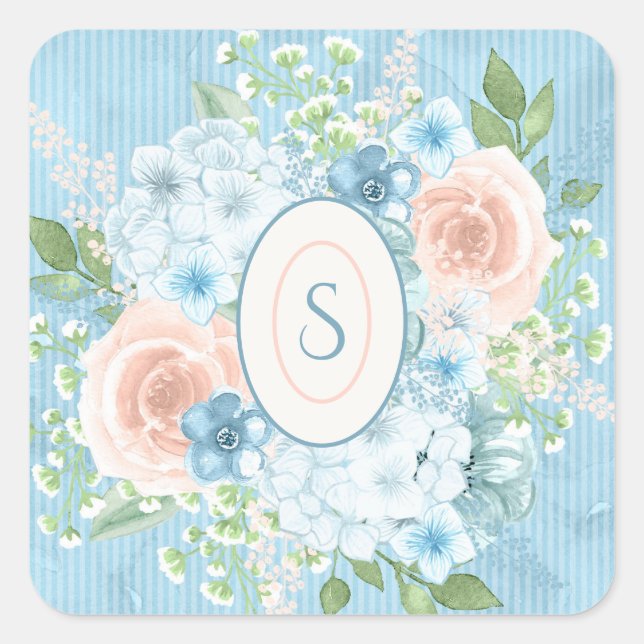Rustic Blue Pink Green Floral Shabby Chic Square Sticker (Front)