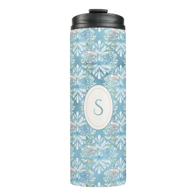 Rustic Blue Pink Monogram Damask Shabby Chic Thermal Tumbler (Front)