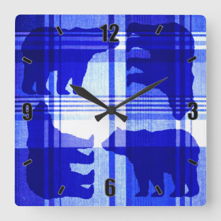 Rustic blue plaid bears square wall clock