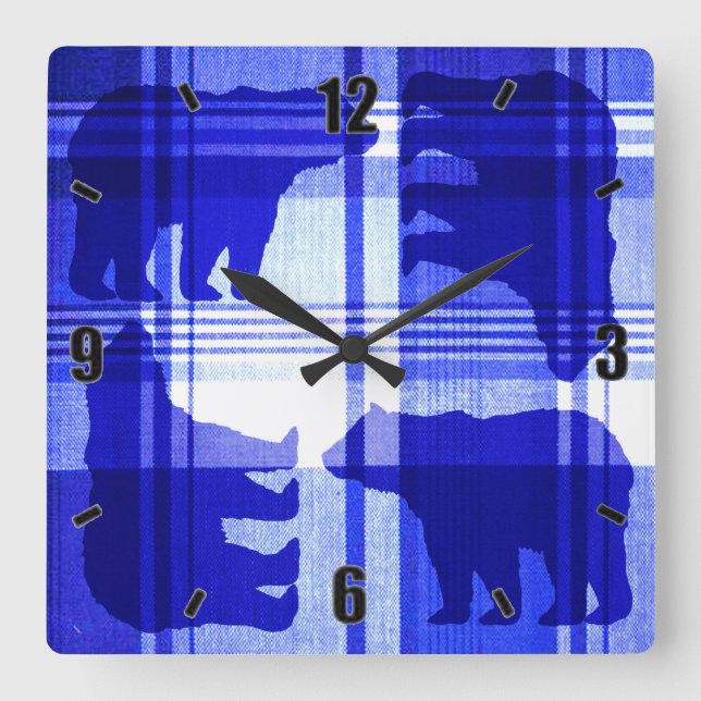 Rustic blue plaid bears square wall clock (Front)