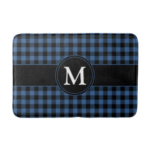 Rustic Blue Plaid Checks Pattern Monogram Bath Mat