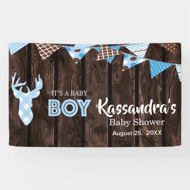 Rustic Blue Plaid Deer Baby Shower Banner (Horizontal)