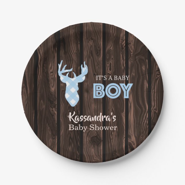 Rustic Blue Plaid Deer Baby Shower Paper Plates (Front)