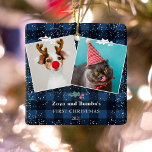 Rustic blue plaid flannel mistletoe snow 2 photos ceramic ornament<br><div class="desc">Rustic Christmas country 2 pets photos with traditional navy blue and black plaid flannel pattern and snow with a mistletoe. all the colors are editable</div>