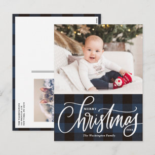 Rustic Blue Plaid Merry Christmas Photo Holiday Postcard